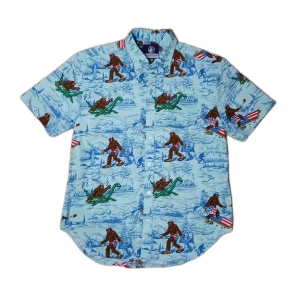 VTG Staghorn Bigfoot Sasquatch Short Sleeve Mens Button Shirt Large USA Hawaiian - Picture 1 of 5